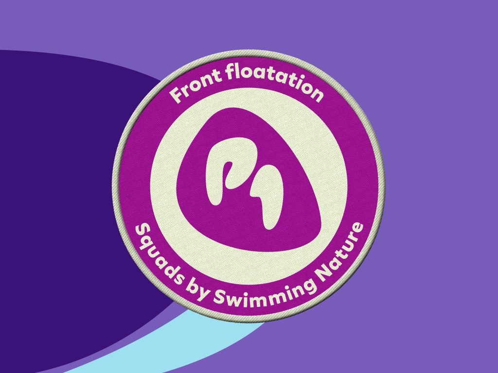 Squads by Swimming Nature front floatation badge on purple background