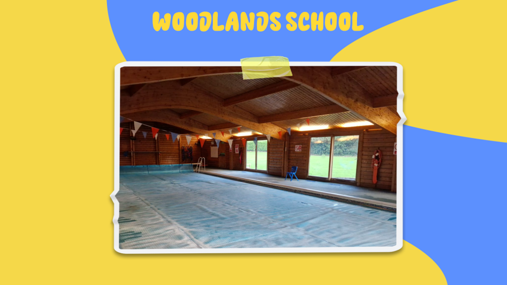 Graphic. A picture of Woodlands School Hutton Manor is taped to a funky yellow and blue backdrop. The top of the graphic reads: 'Woodlands School'.